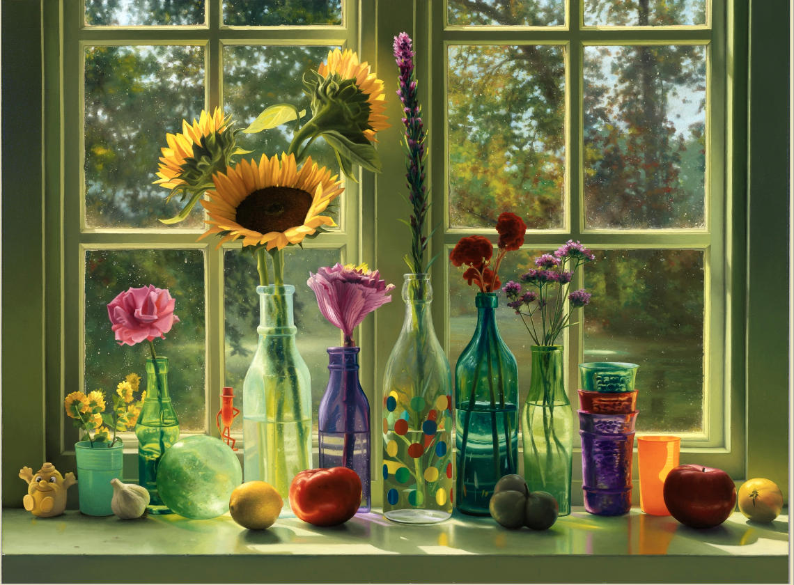 Painting of flowers on a window sill.
